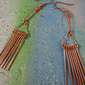 VTG Contempo copper pierced earrings bronze tone safety pin heart drop dangle